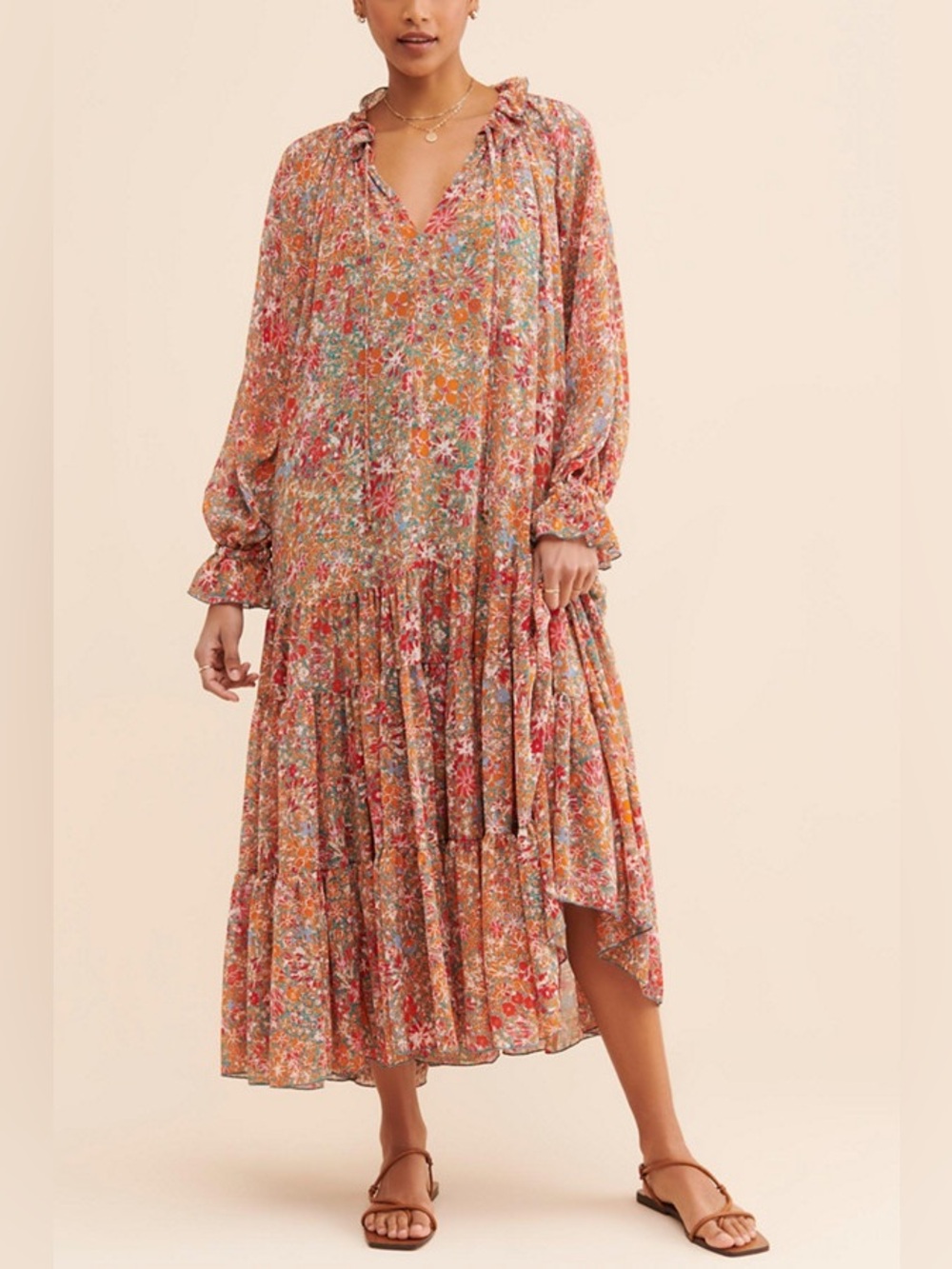 Free People Orange and Teal Feeling Groovy Midi Flowy Dress sz M